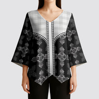 Black Hawaii Paniolo Quilt Motif Kimono Sleeve Blouse LT05 - Polynesian Pride