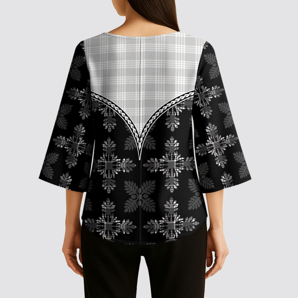 Black Hawaii Paniolo Quilt Motif Kimono Sleeve Blouse LT05 - Polynesian Pride