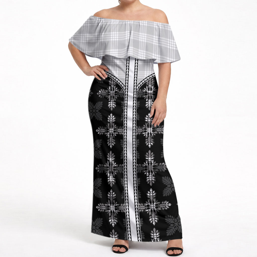 Black Hawaii Paniolo Quilt Motif Off Shoulder Maxi Dress