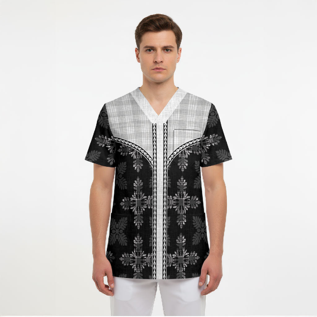 Black Hawaii Paniolo Quilt Motif Scrub Top LT05 - Polynesian Pride
