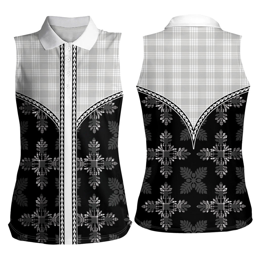 Black Hawaii Paniolo Quilt Motif Women Sleeveless Polo Shirt LT05 - Polynesian Pride
