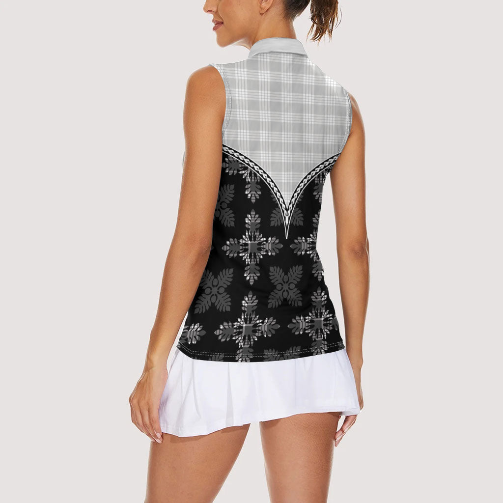 Black Hawaii Paniolo Quilt Motif Women Sleeveless Polo Shirt LT05 - Polynesian Pride