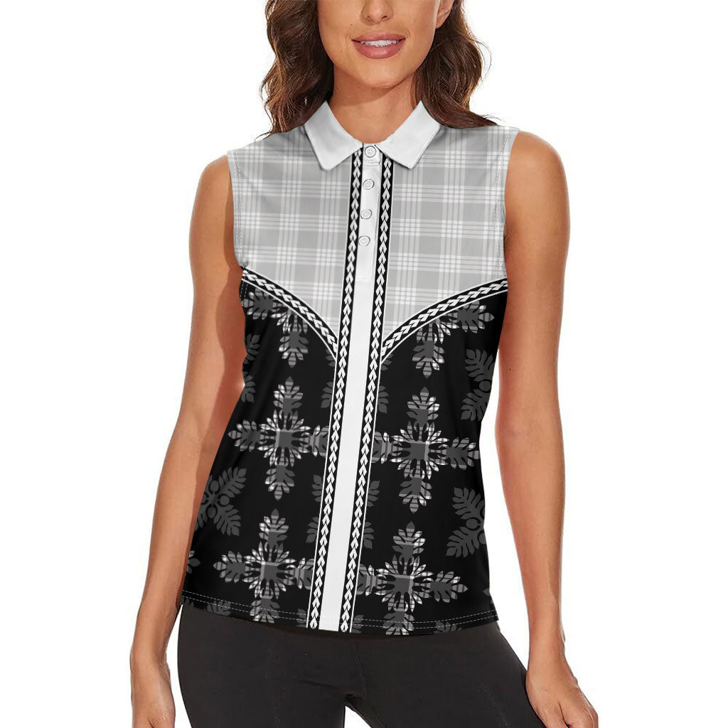 Black Hawaii Paniolo Quilt Motif Women Sleeveless Polo Shirt LT05 - Polynesian Pride