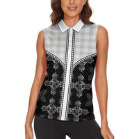 Black Hawaii Paniolo Quilt Motif Women Sleeveless Polo Shirt LT05 - Polynesian Pride