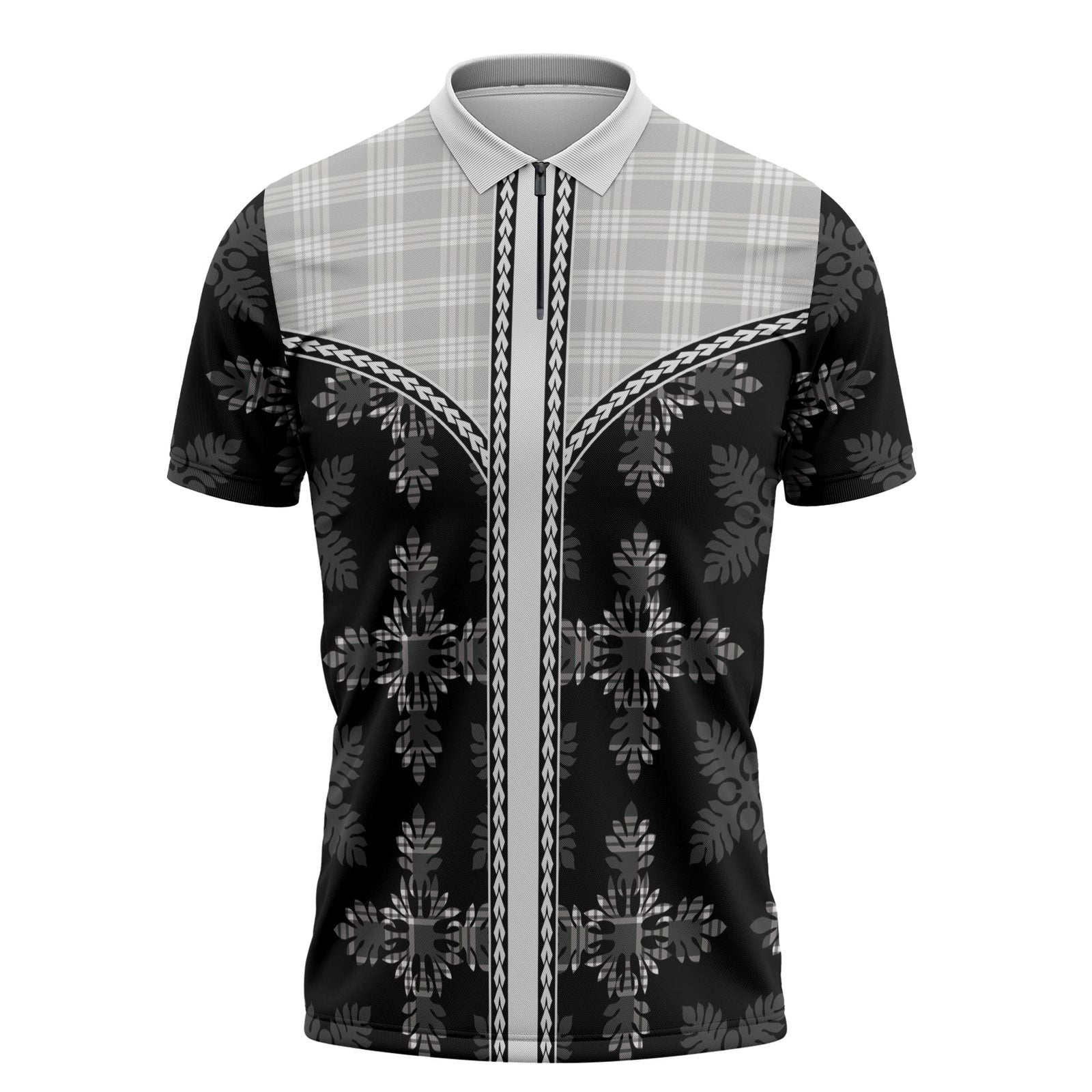 Black Hawaii Paniolo Quilt Motif Zipper Polo Shirt
