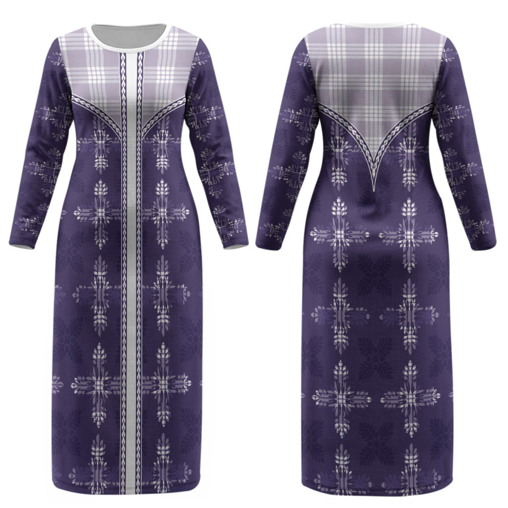 Purple Hawaii Paniolo Quilt Motif Couples Matching Long Sleeve Bodycon Dress and Long Sleeve Button Shirt LT05 - Polynesian Pride