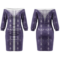 Purple Hawaii Paniolo Quilt Motif Couples Matching Off The Shoulder Long Sleeve Dress and Hawaiian Shirt LT05 - Polynesian Pride