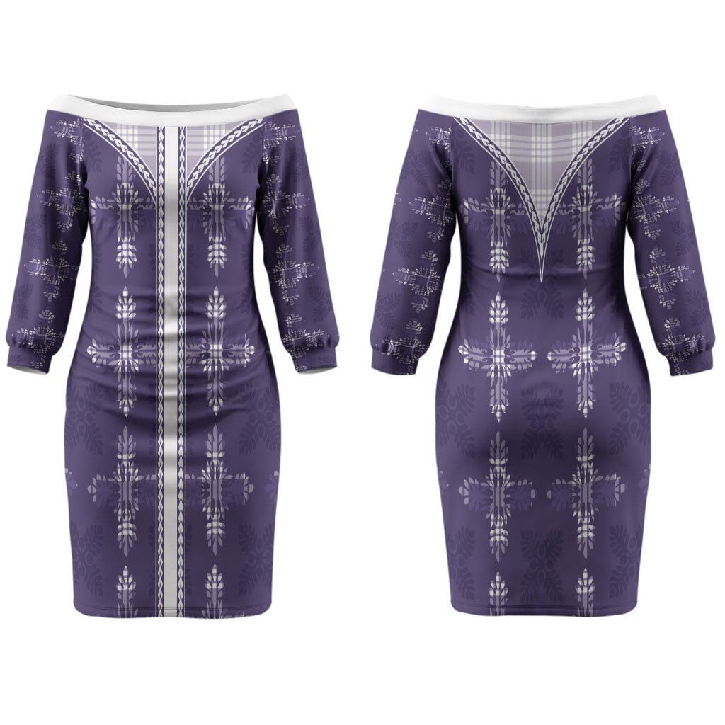 Purple Hawaii Paniolo Quilt Motif Couples Matching Off The Shoulder Long Sleeve Dress and Long Sleeve Button Shirt LT05 - Polynesian Pride