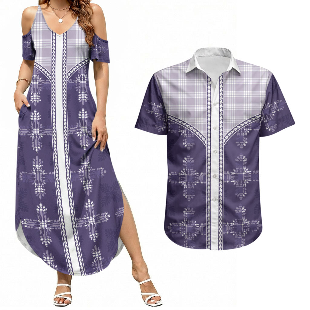 Purple Hawaii Paniolo Quilt Motif Couples Matching Summer Maxi Dress and Hawaiian Shirt LT05 Purple - Polynesian Pride