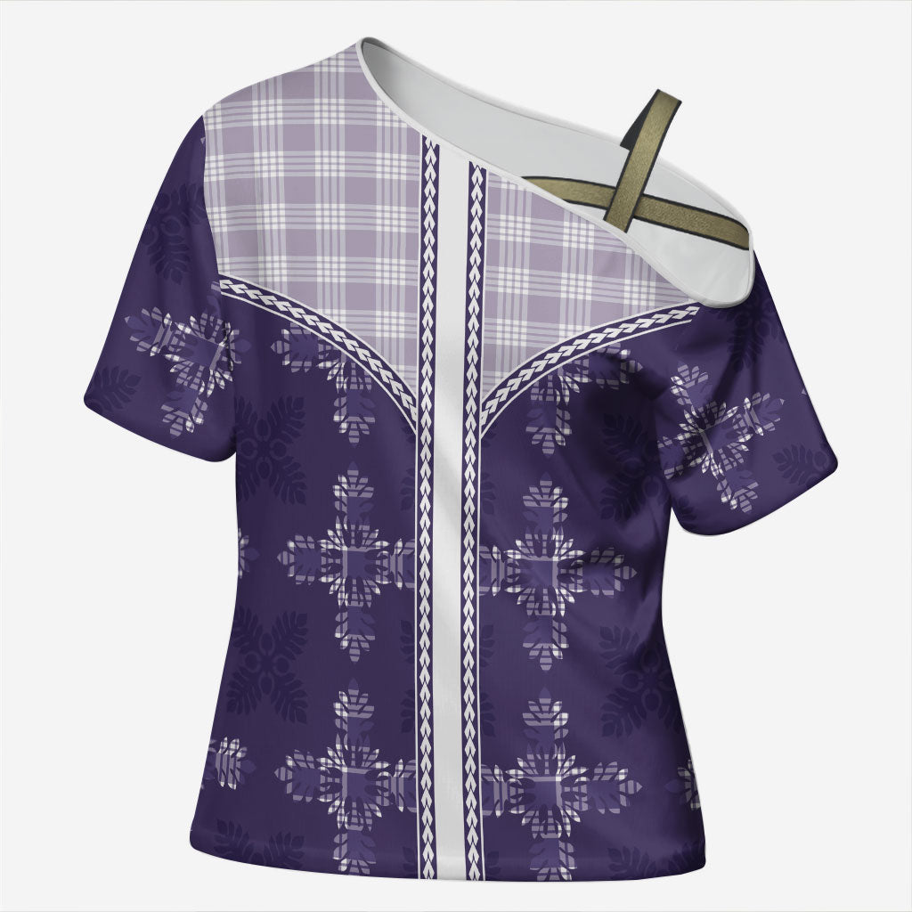 Purple Hawaii Paniolo Quilt Motif Cross Shoulder Shirt