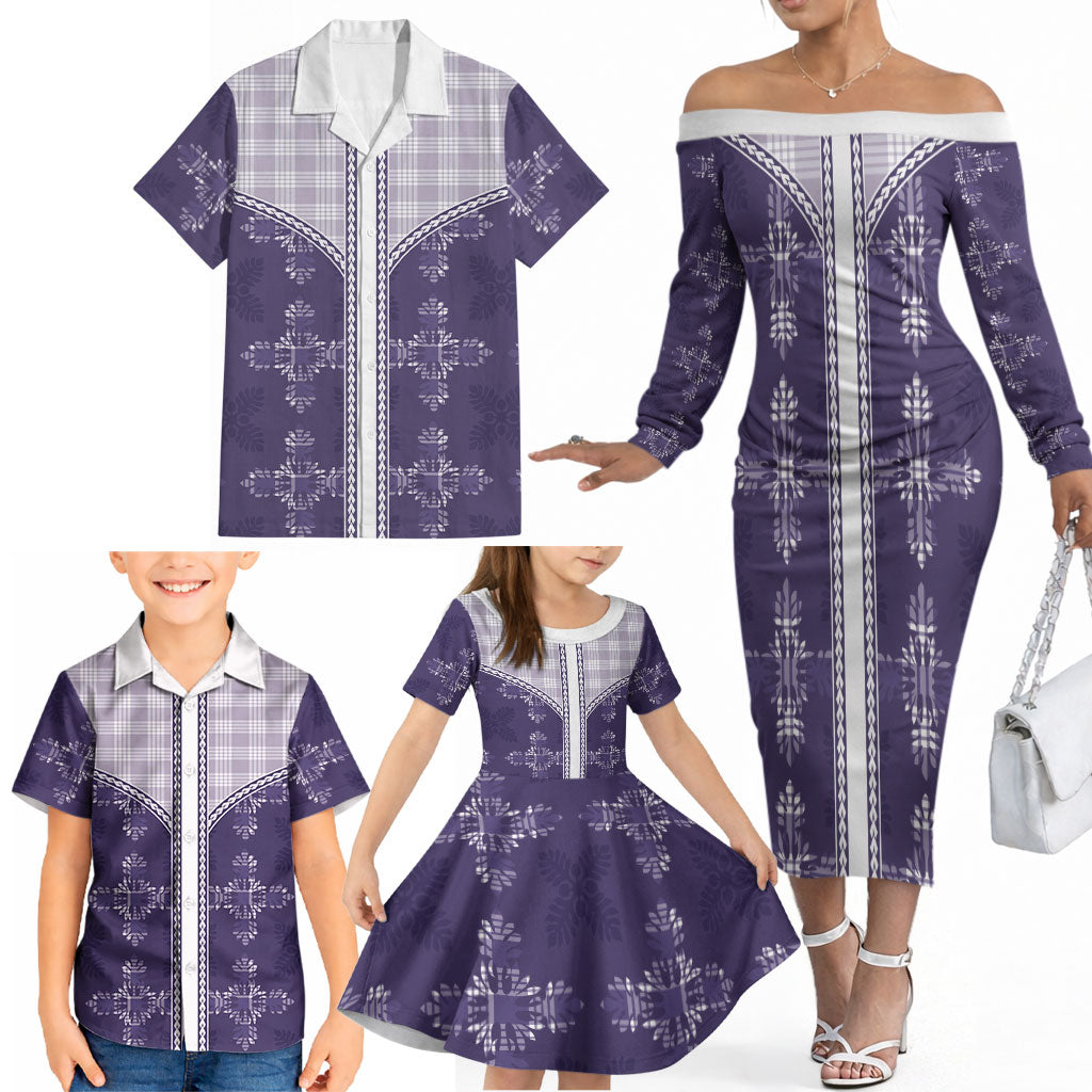 Purple Hawaii Paniolo Quilt Motif Family Matching Off The Shoulder Long Sleeve Dress and Hawaiian Shirt LT05 - Polynesian Pride