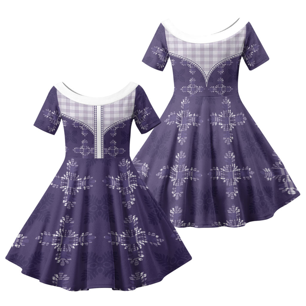 Purple Hawaii Paniolo Quilt Motif Family Matching Puletasi and Hawaiian Shirt LT05 Daughter's Dress Purple - Polynesian Pride