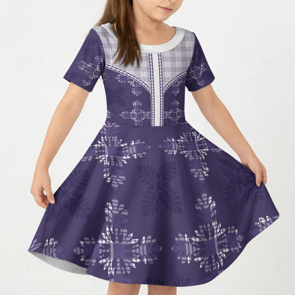 Purple Hawaii Paniolo Quilt Motif Kid Short Sleeve Dress
