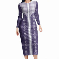 Purple Hawaii Paniolo Quilt Motif Long Sleeve Bodycon Dress LT05 Long Dress Purple - Polynesian Pride
