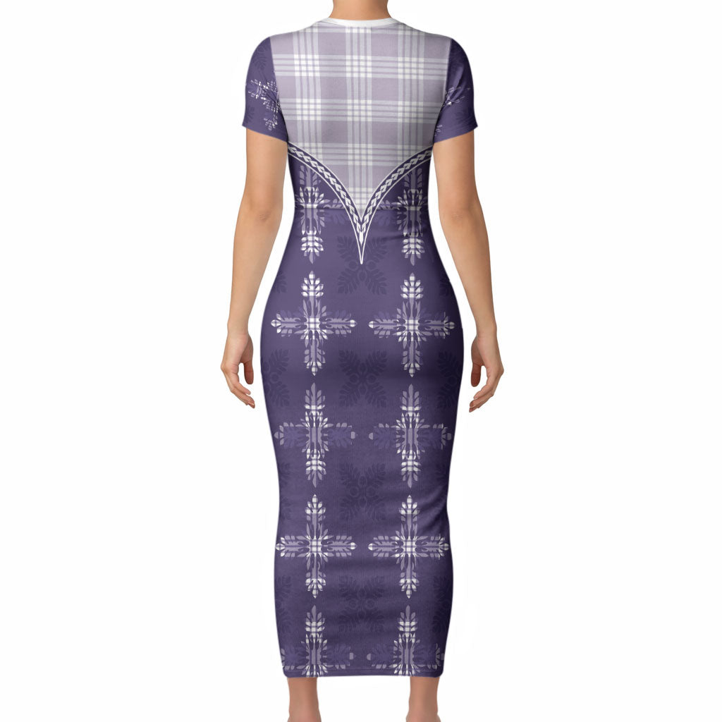 Purple Hawaii Paniolo Quilt Motif Short Sleeve Bodycon Dress LT05 - Polynesian Pride