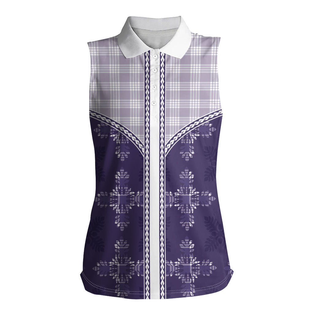 Purple Hawaii Paniolo Quilt Motif Women Sleeveless Polo Shirt