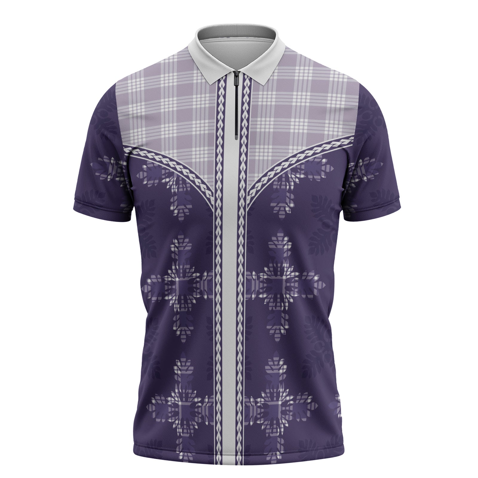 Purple Hawaii Paniolo Quilt Motif Zipper Polo Shirt