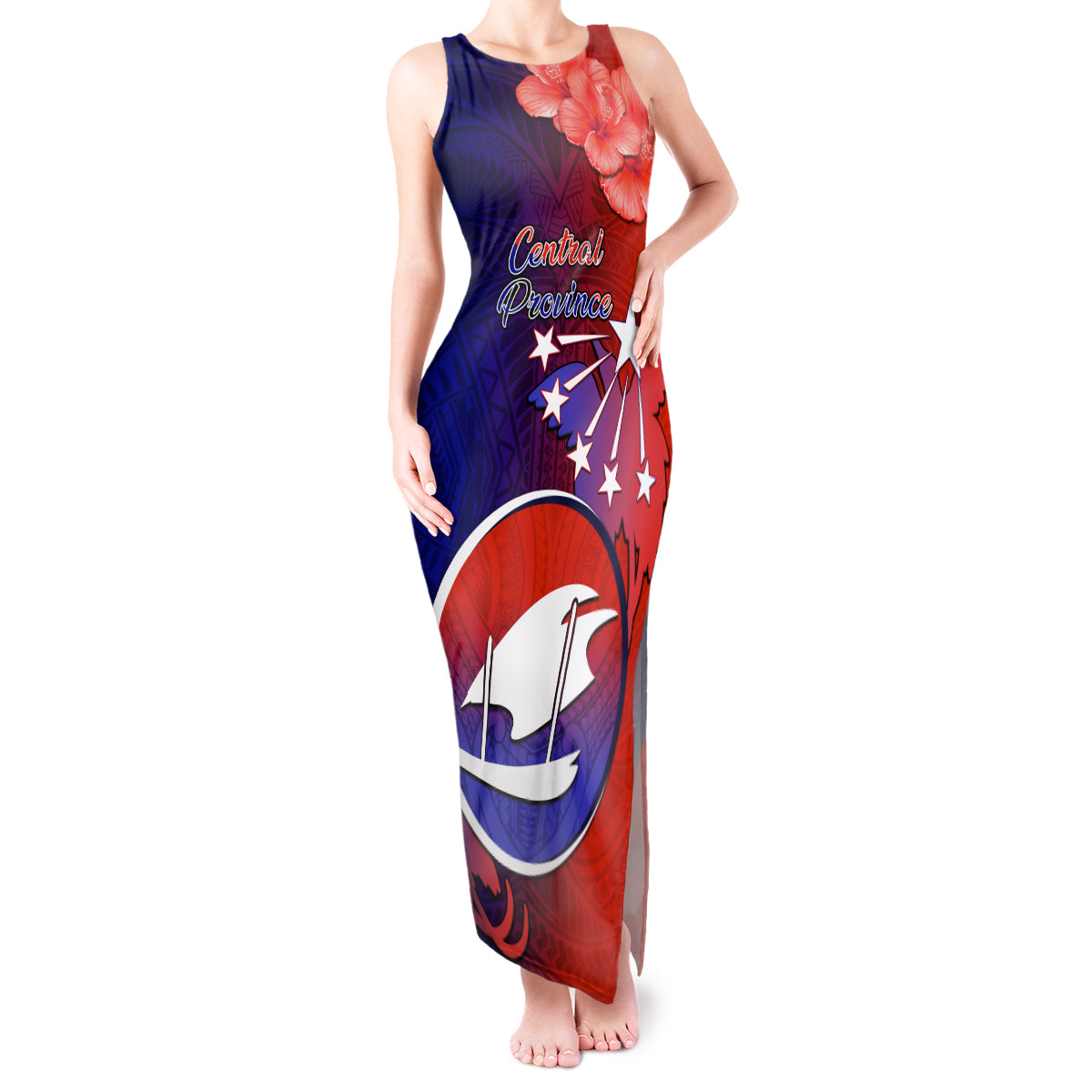 Papua New Guinea Central Province Tank Maxi Dress Mix Coat Of Arms Polynesian Pattern LT05 Women Blue - Polynesian Pride
