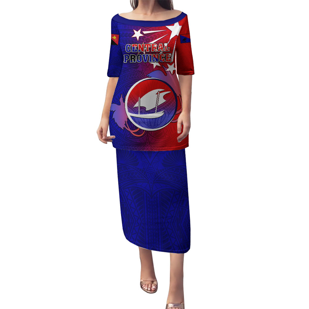 Personalized Papua New Guinea Central Province Puletasi Mix Coat Of Arms Polynesian Pattern LT05 Long Dress Blue - Polynesian Pride