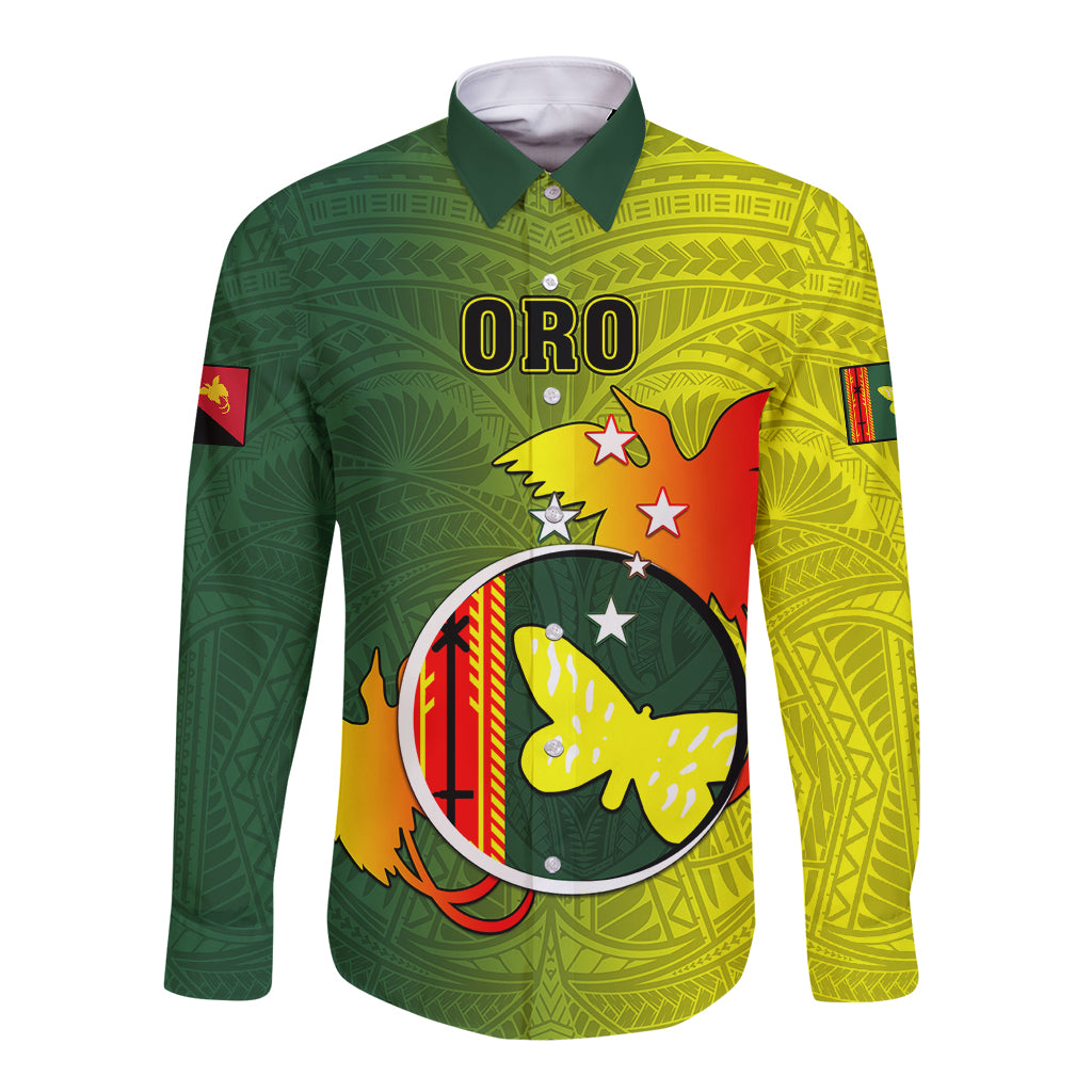 Personalized Papua New Guinea Oro Province Long Sleeve Button Shirt Mix Coat Of Arms Polynesian Pattern LT05 Unisex Yellow - Polynesian Pride