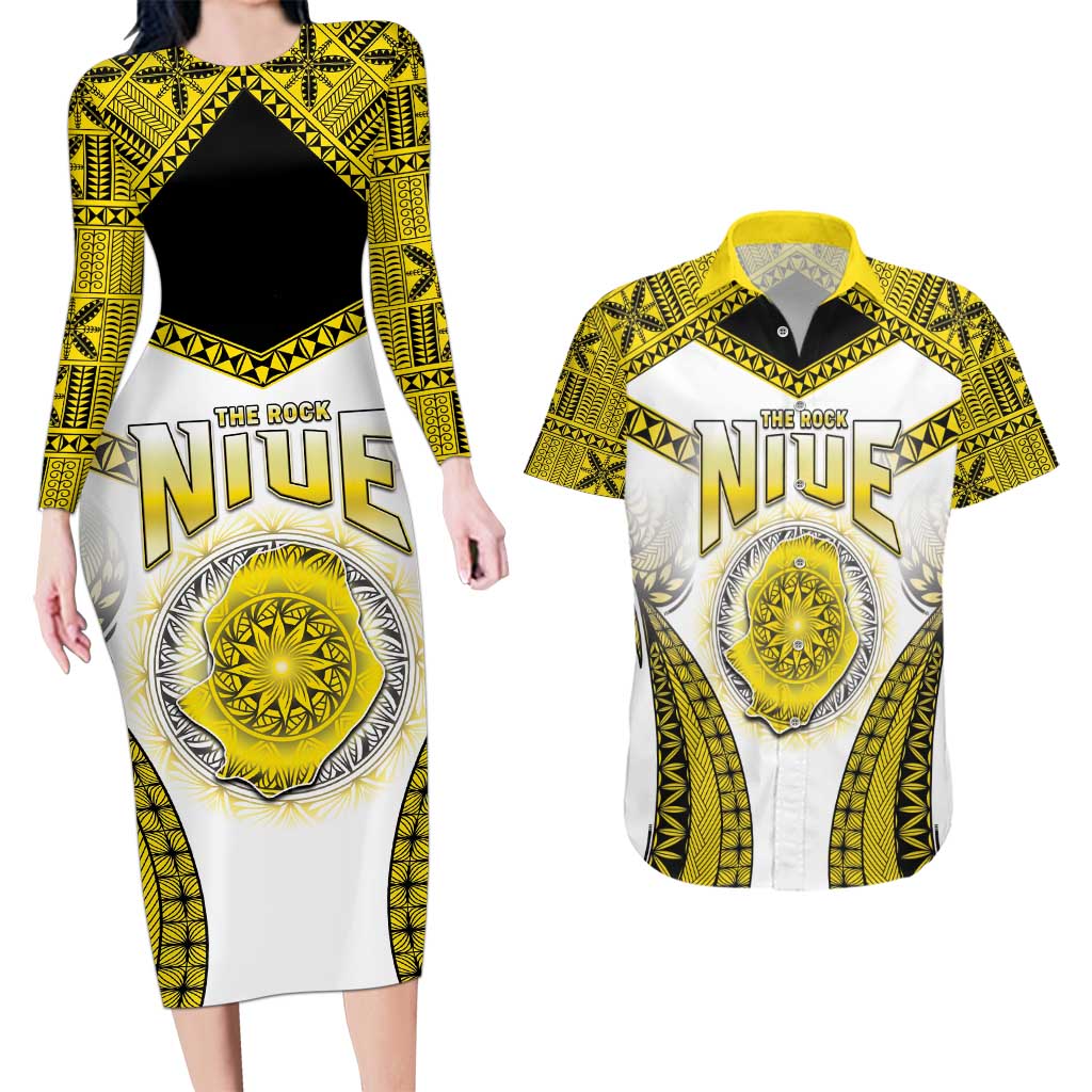 Personalised Niue The Rock Of Polynesia Couples Matching Long Sleeve Bodycon Dress and Hawaiian Shirt Peniamina Gospel Day Yellow Version LT05 Yellow - Polynesian Pride