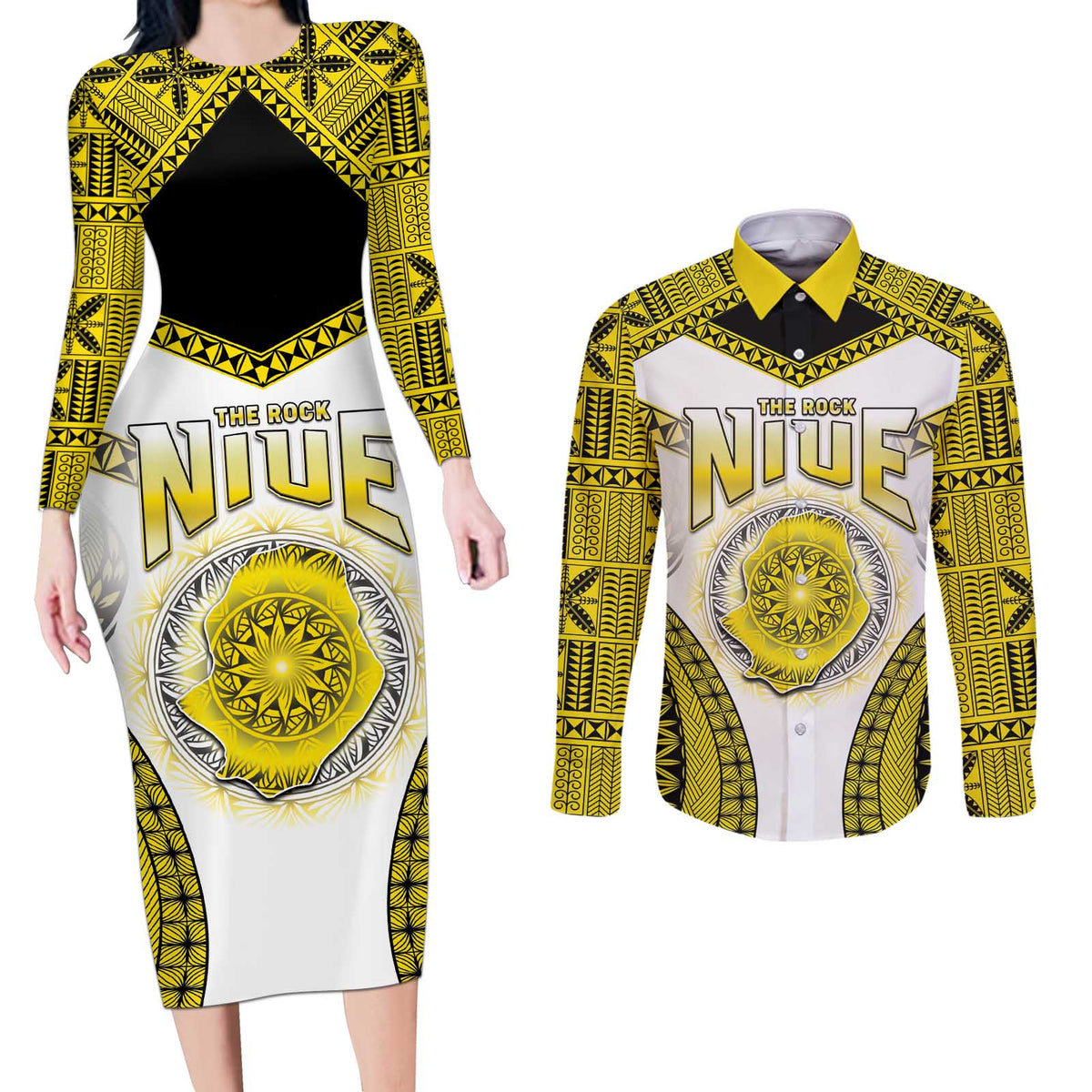 Personalised Niue The Rock Of Polynesia Couples Matching Long Sleeve Bodycon Dress and Long Sleeve Button Shirt Peniamina Gospel Day Yellow Version LT05 Yellow - Polynesian Pride