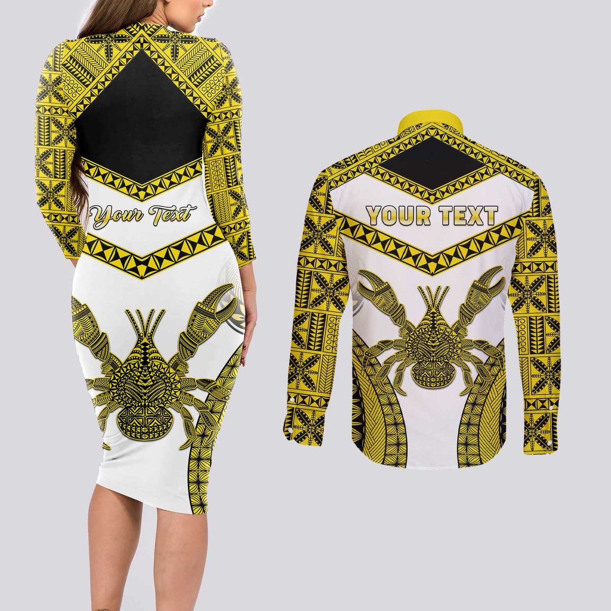 Personalised Niue The Rock Of Polynesia Couples Matching Long Sleeve Bodycon Dress and Long Sleeve Button Shirt Peniamina Gospel Day Yellow Version LT05 - Polynesian Pride