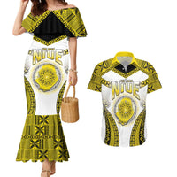 Personalised Niue The Rock Of Polynesia Couples Matching Mermaid Dress and Hawaiian Shirt Peniamina Gospel Day Yellow Version LT05 Yellow - Polynesian Pride