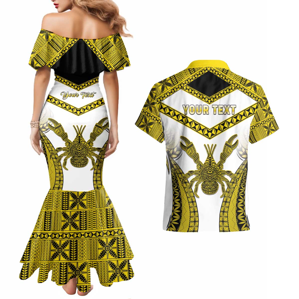 Personalised Niue The Rock Of Polynesia Couples Matching Mermaid Dress and Hawaiian Shirt Peniamina Gospel Day Yellow Version LT05 - Polynesian Pride