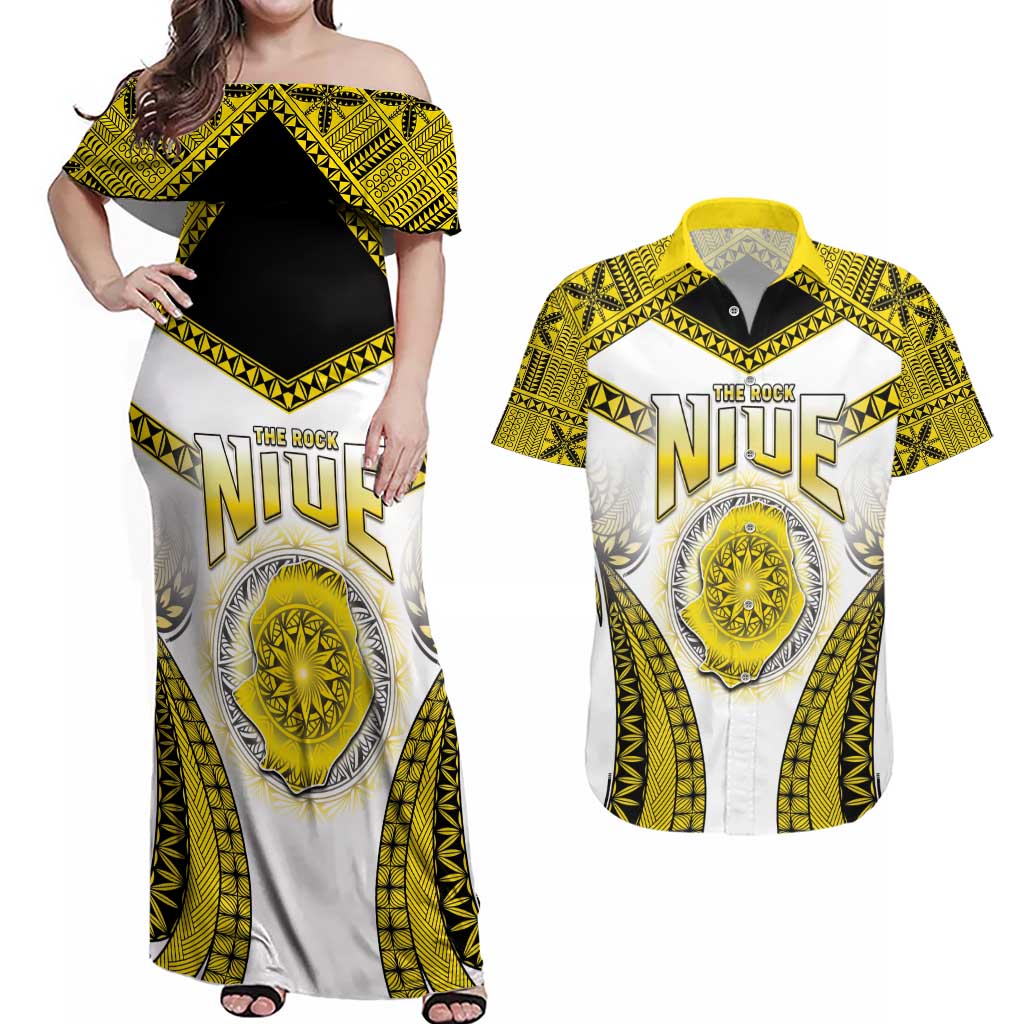 Personalised Niue The Rock Of Polynesia Couples Matching Off Shoulder Maxi Dress and Hawaiian Shirt Peniamina Gospel Day Yellow Version LT05 Yellow - Polynesian Pride