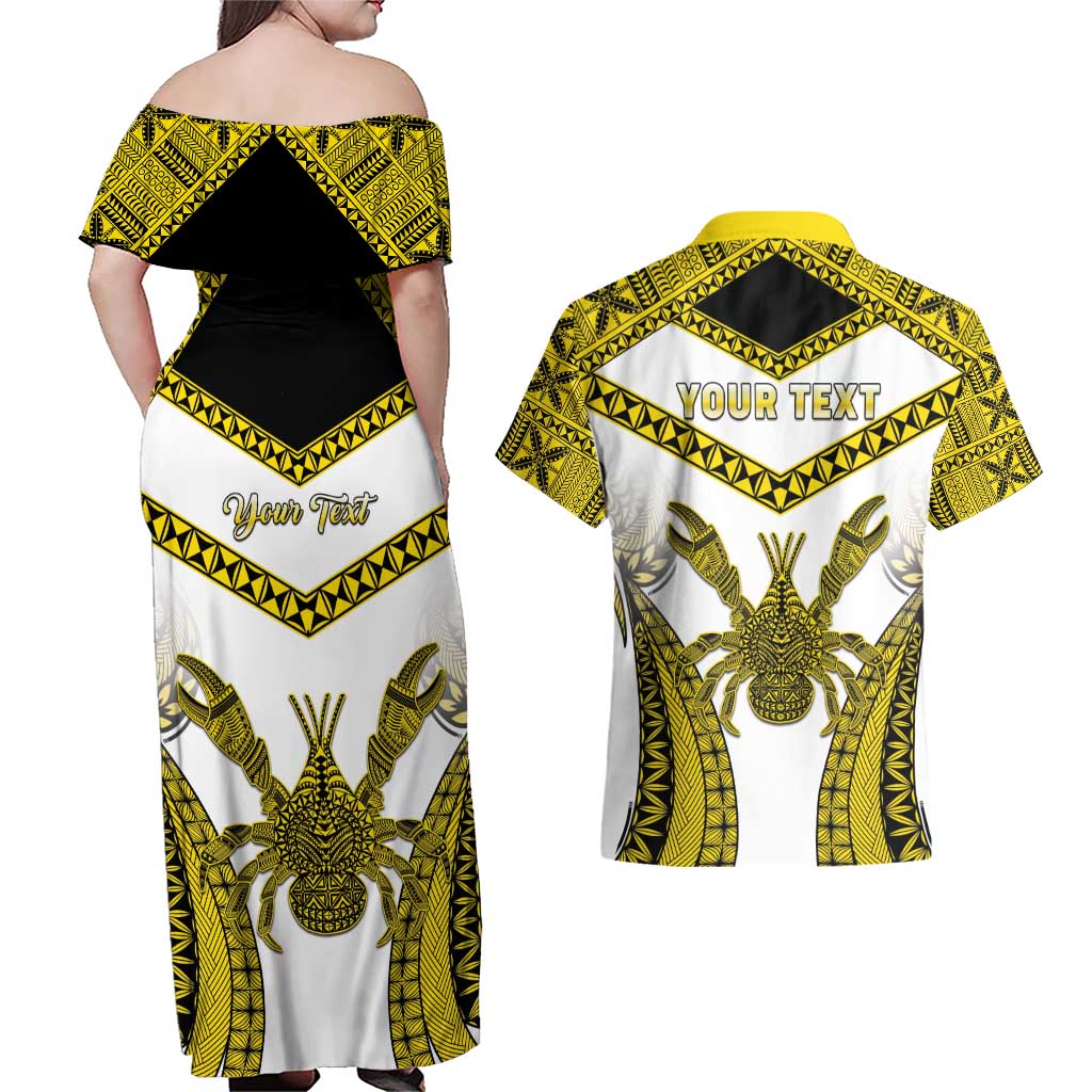 Personalised Niue The Rock Of Polynesia Couples Matching Off Shoulder Maxi Dress and Hawaiian Shirt Peniamina Gospel Day Yellow Version LT05 - Polynesian Pride