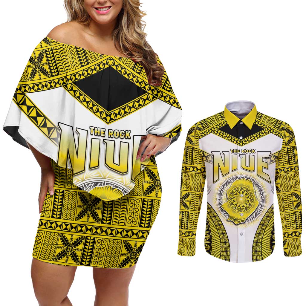 Personalised Niue The Rock Of Polynesia Couples Matching Off Shoulder Short Dress and Long Sleeve Button Shirt Peniamina Gospel Day Yellow Version LT05 Yellow - Polynesian Pride