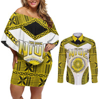 Personalised Niue The Rock Of Polynesia Couples Matching Off Shoulder Short Dress and Long Sleeve Button Shirt Peniamina Gospel Day Yellow Version LT05 Yellow - Polynesian Pride