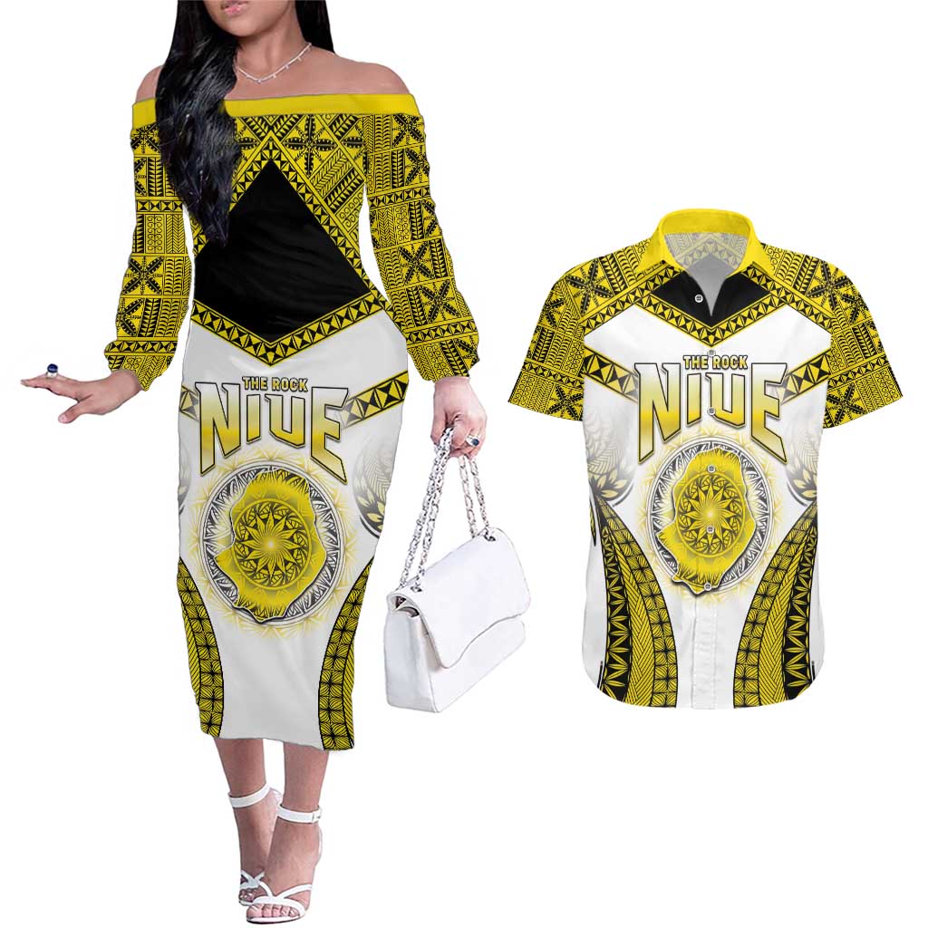 Personalised Niue The Rock Of Polynesia Couples Matching Off The Shoulder Long Sleeve Dress and Hawaiian Shirt Peniamina Gospel Day Yellow Version LT05 Yellow - Polynesian Pride