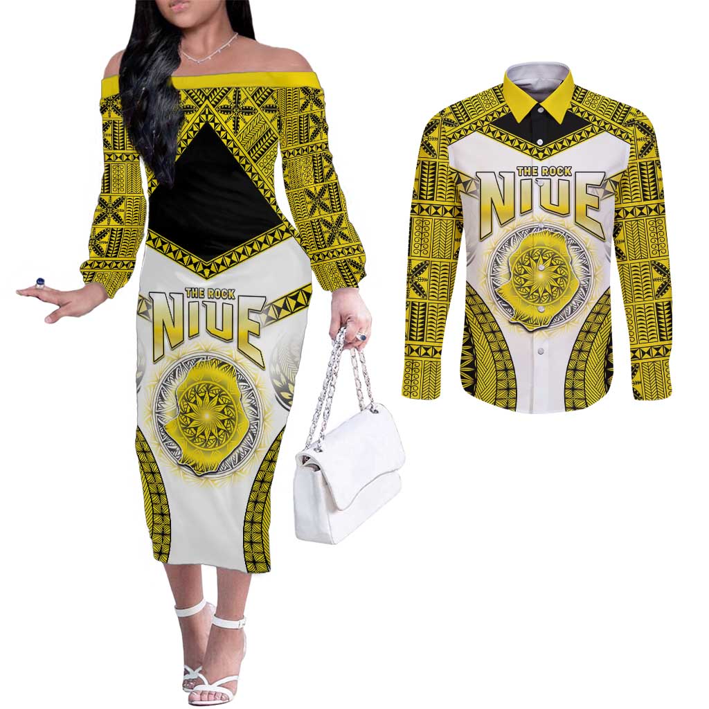 Personalised Niue The Rock Of Polynesia Couples Matching Off The Shoulder Long Sleeve Dress and Long Sleeve Button Shirt Peniamina Gospel Day Yellow Version LT05 Yellow - Polynesian Pride