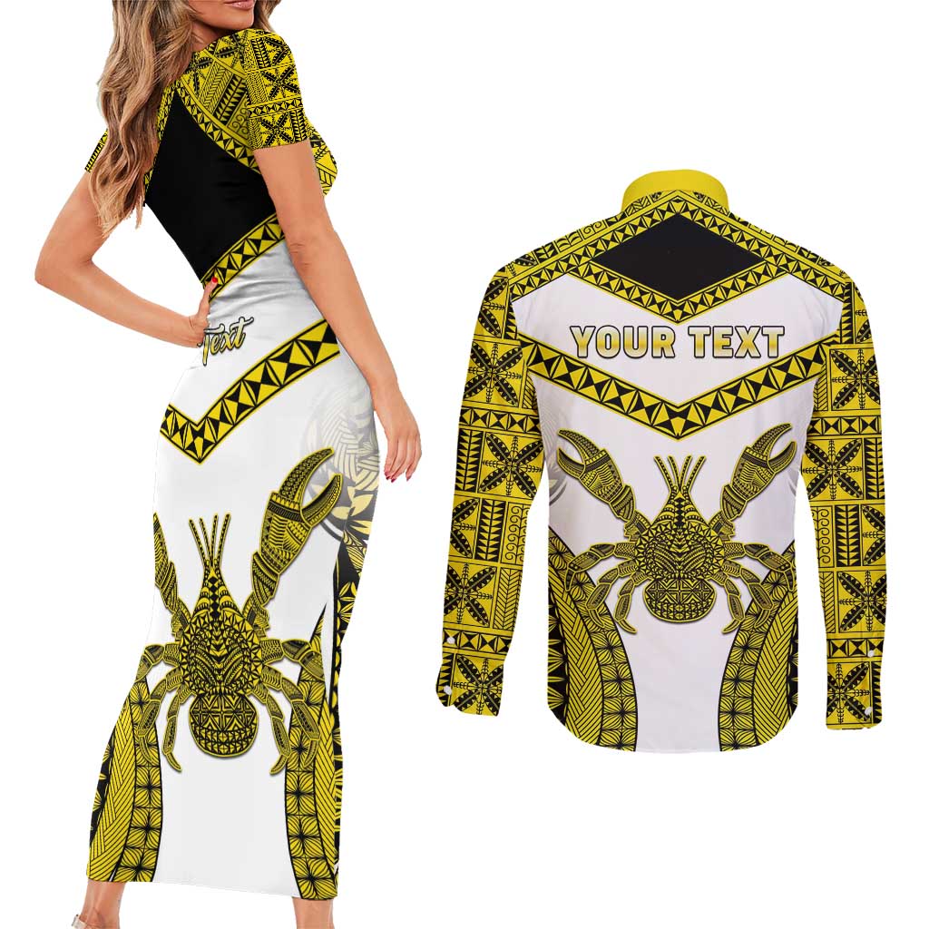 Personalised Niue The Rock Of Polynesia Couples Matching Short Sleeve Bodycon Dress and Long Sleeve Button Shirt Peniamina Gospel Day Yellow Version LT05 - Polynesian Pride