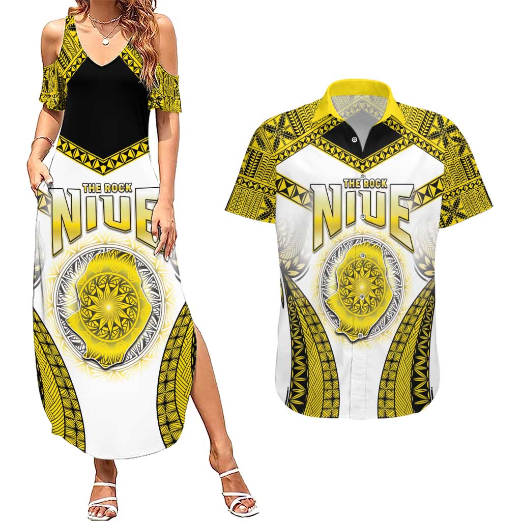 Personalised Niue The Rock Of Polynesia Couples Matching Summer Maxi Dress and Hawaiian Shirt Peniamina Gospel Day Yellow Version LT05 Yellow - Polynesian Pride