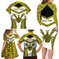 Personalised Niue The Rock Of Polynesia Family Matching Long Sleeve Bodycon Dress and Hawaiian Shirt Peniamina Gospel Day Yellow Version LT05 - Polynesian Pride