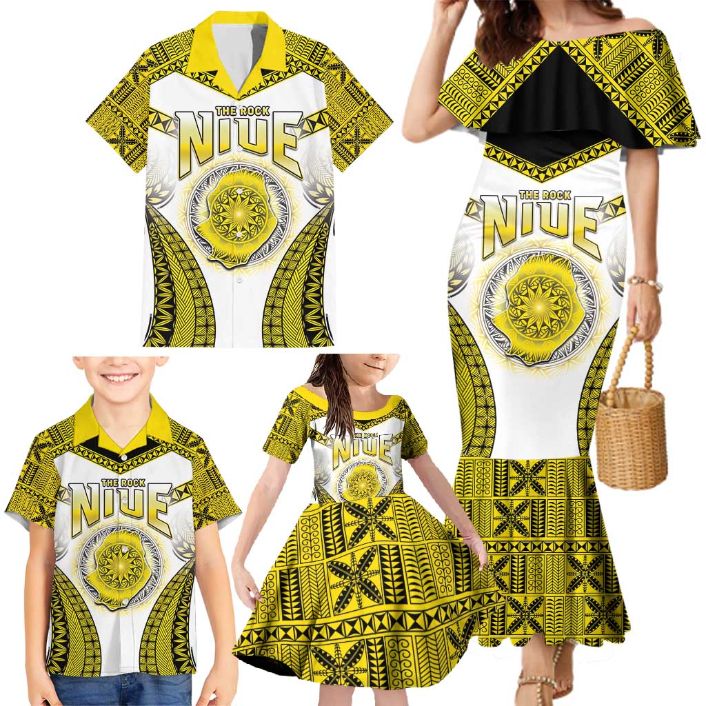 Personalised Niue The Rock Of Polynesia Family Matching Mermaid Dress and Hawaiian Shirt Peniamina Gospel Day Yellow Version LT05 - Polynesian Pride