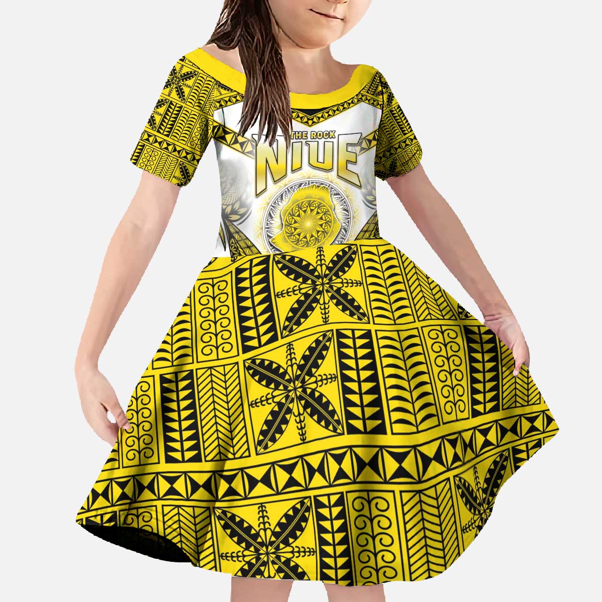 Personalised Niue The Rock Of Polynesia Family Matching Off The Shoulder Long Sleeve Dress and Hawaiian Shirt Peniamina Gospel Day Yellow Version LT05 Daughter's Dress Yellow - Polynesian Pride