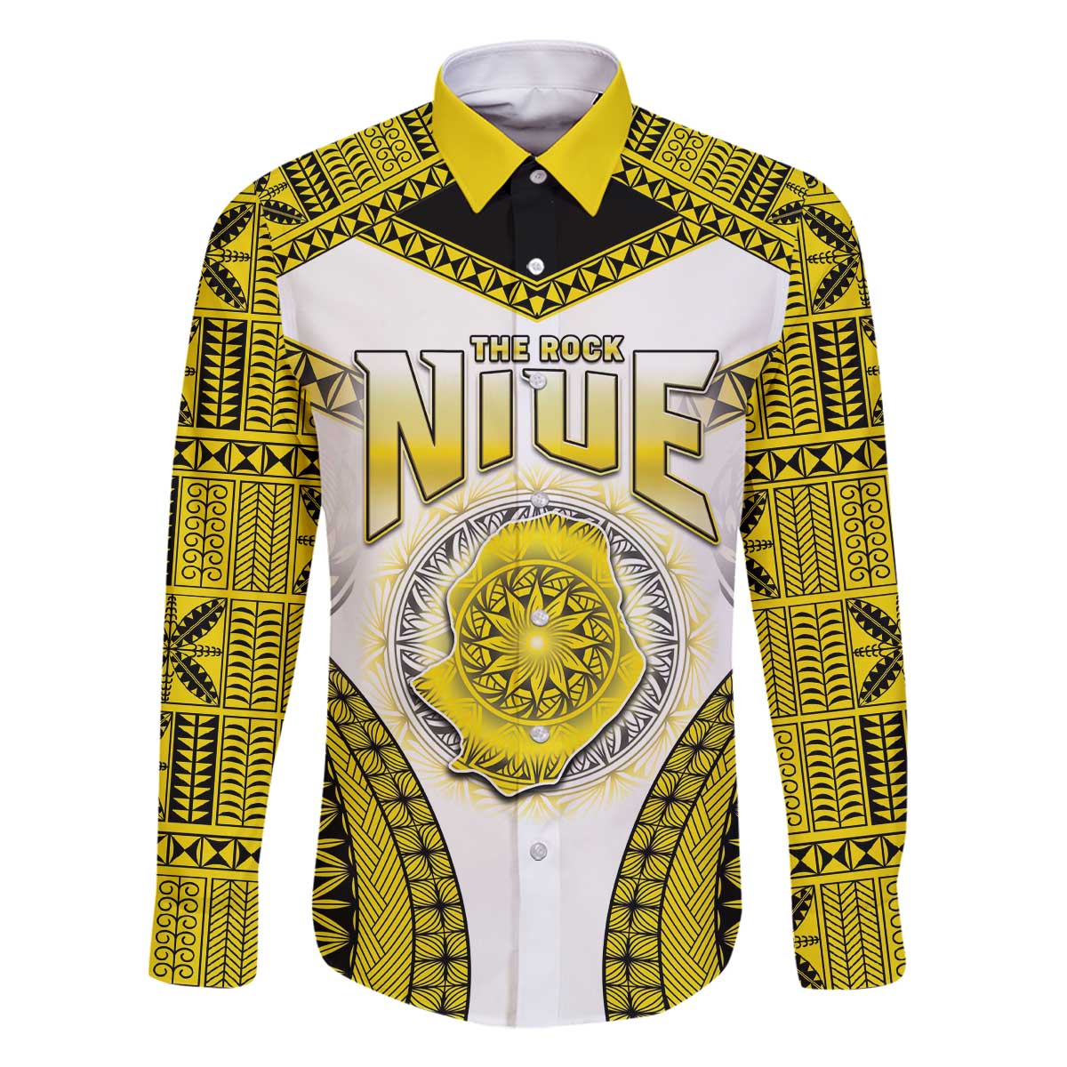 Personalised Niue The Rock Of Polynesia Family Matching Off The Shoulder Long Sleeve Dress and Hawaiian Shirt Peniamina Gospel Day Yellow Version LT05 Dad's Shirt - Long Sleeve Yellow - Polynesian Pride