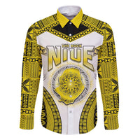 Personalised Niue The Rock Of Polynesia Family Matching Off The Shoulder Long Sleeve Dress and Hawaiian Shirt Peniamina Gospel Day Yellow Version LT05 Dad's Shirt - Long Sleeve Yellow - Polynesian Pride