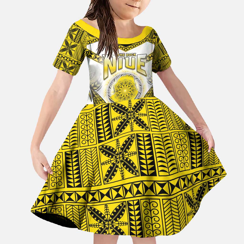 Personalised Niue The Rock Of Polynesia Family Matching Off Shoulder Maxi Dress and Hawaiian Shirt Peniamina Gospel Day Yellow Version LT05 Daughter's Dress Yellow - Polynesian Pride
