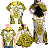 Personalised Niue The Rock Of Polynesia Family Matching Off Shoulder Maxi Dress and Hawaiian Shirt Peniamina Gospel Day Yellow Version LT05 - Polynesian Pride