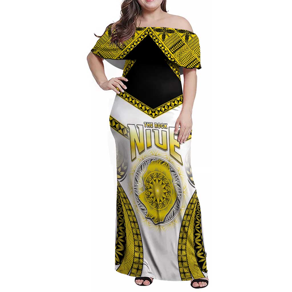 Personalised Niue The Rock Of Polynesia Family Matching Off Shoulder Maxi Dress and Hawaiian Shirt Peniamina Gospel Day Yellow Version LT05 Mom's Dress Yellow - Polynesian Pride