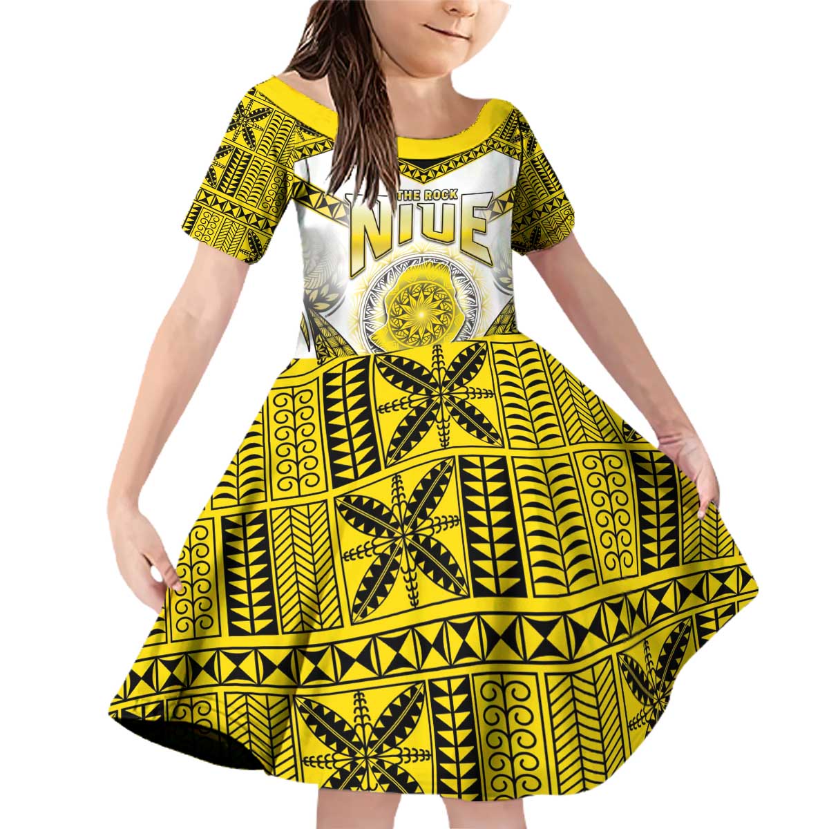Personalised Niue The Rock Of Polynesia Family Matching Off Shoulder Short Dress and Hawaiian Shirt Peniamina Gospel Day Yellow Version LT05 Daughter's Dress Yellow - Polynesian Pride