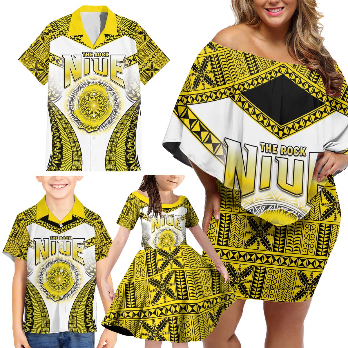 Personalised Niue The Rock Of Polynesia Family Matching Off Shoulder Short Dress and Hawaiian Shirt Peniamina Gospel Day Yellow Version LT05 - Polynesian Pride