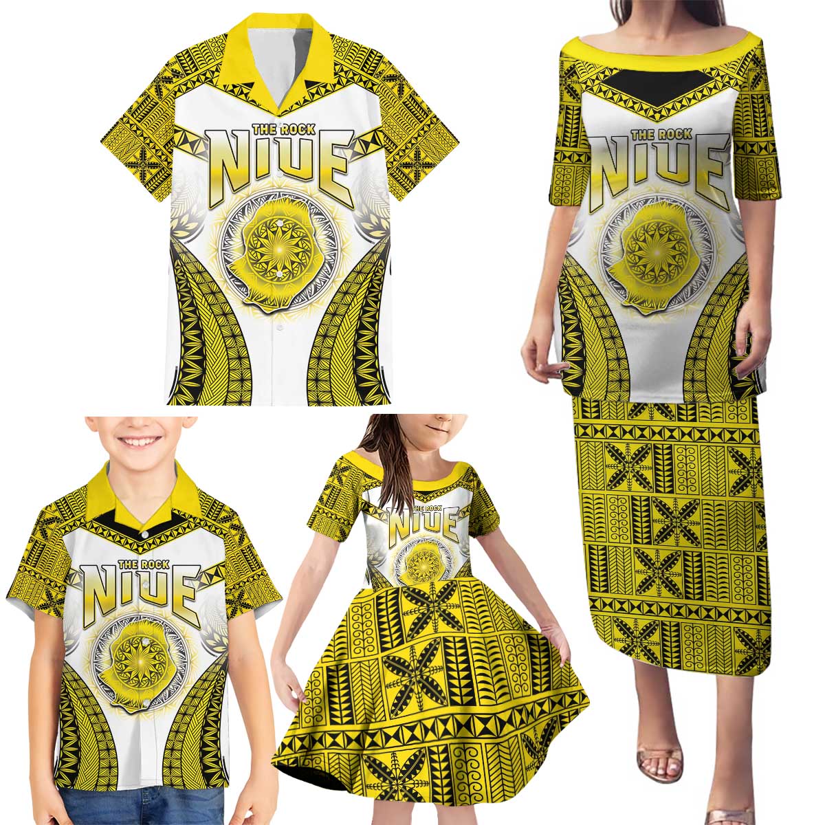 Personalised Niue The Rock Of Polynesia Family Matching Puletasi and Hawaiian Shirt Peniamina Gospel Day Yellow Version LT05 - Polynesian Pride