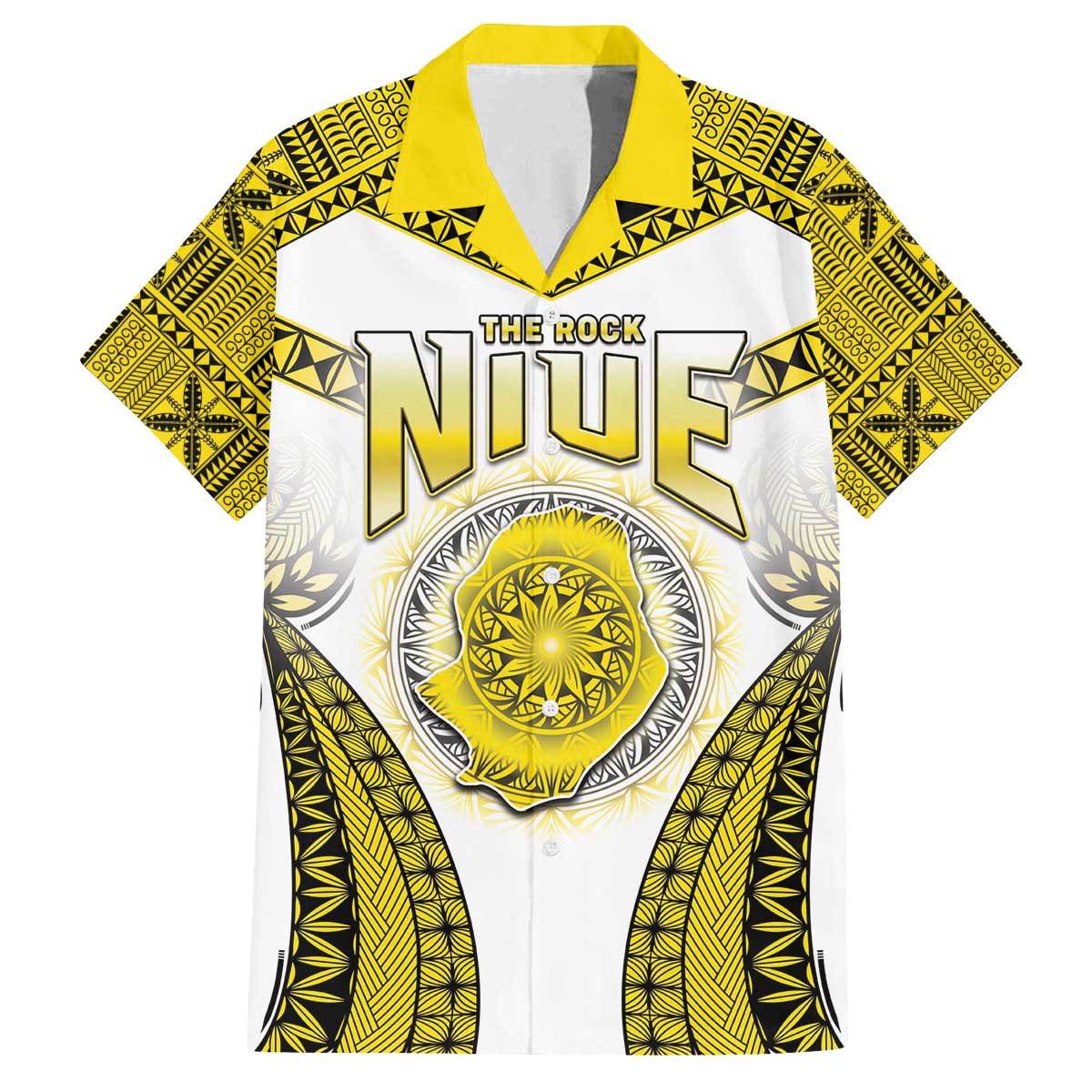 Personalised Niue The Rock Of Polynesia Family Matching Puletasi and Hawaiian Shirt Peniamina Gospel Day Yellow Version LT05 Dad's Shirt - Short Sleeve Yellow - Polynesian Pride