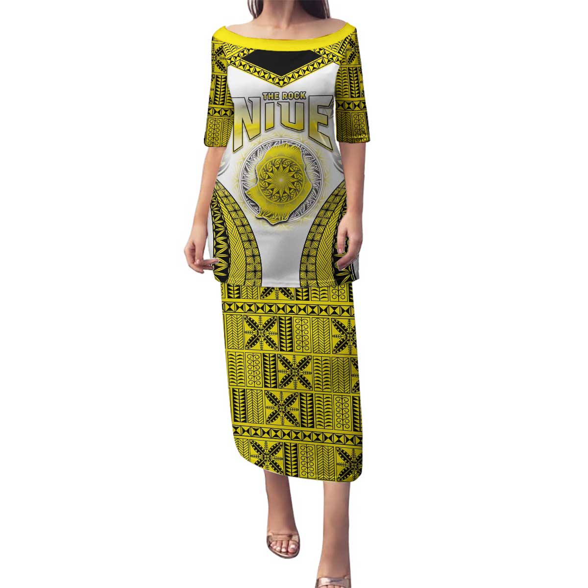 Personalised Niue The Rock Of Polynesia Family Matching Puletasi and Hawaiian Shirt Peniamina Gospel Day Yellow Version LT05 Mom's Dress Yellow - Polynesian Pride